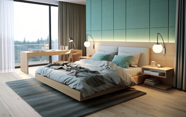 bedroom with bed nordic - style cyan and light wood bedroom with simple, clean lines and natural textures