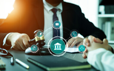 Smart law, legal advice icons and lawyer working tools in the lawyers office showing concept of...