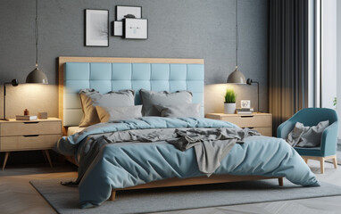 Nordic - style cyan and light wood bedroom with simple, clean lines and natural textures