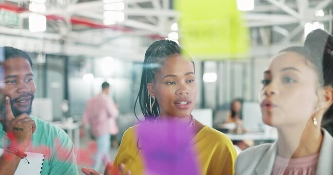 Planning, tablet and African people on glass board brainstorming, schedule management and workflow. Manager, woman or employees on digital technology and moodboard for project ideas and seo teamwork