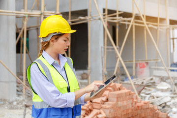 Portrait of female architect engineering consultant wearing safety gear using tablet at construction site inspecting building