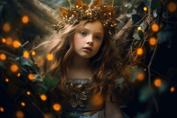Portrait of an unknown young female fairytale character with a long dress. Dreamy and mysterious. Generative AI