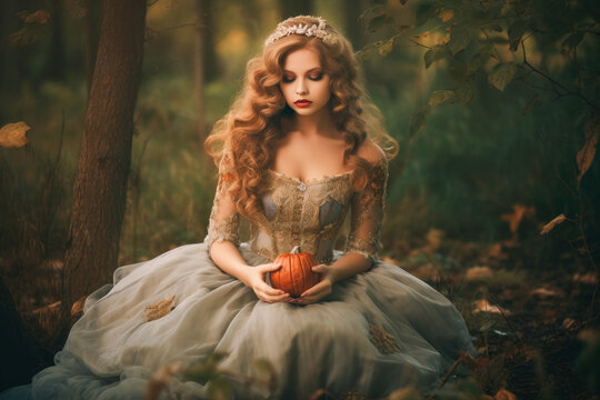 Portrait of an unknown female fairytale character with a long dress holding a pumpkin. Dreamy and mysterious. Generative AI