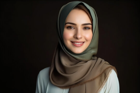 Portrait of smiling muslim woman with hijab on black background. Generative AI