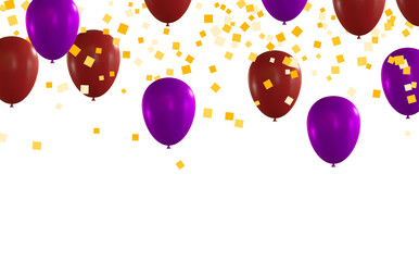 Red and purple balloons with confetti on white background. Vector illustration.