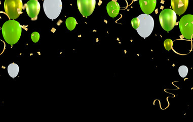 Green and white balloons with ribbons and confetti on black background