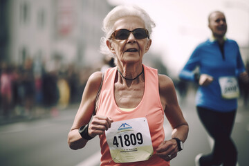Active senior woman running marathon, closeup. Generative AI