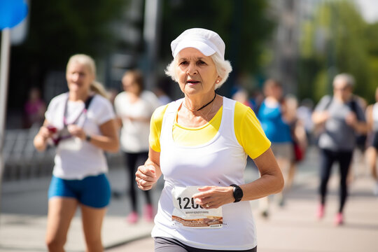 Senior sport woman running marathon. Generative AI