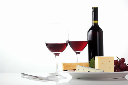 Red wine and plate of cheese, high key. Generative AI