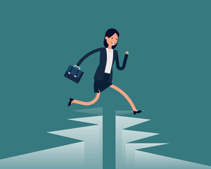 Businesswoman jumping cross gap. Vector illustration successful business concept