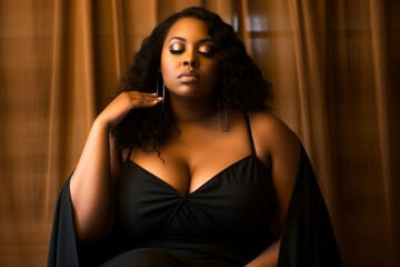 Beautiful African American brunette plus size model wearing the black dress portrait and holding flowers. Body positivity and diversity. Generative AI