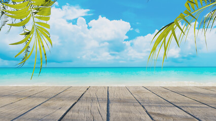 Summer beach background with clouds and ocean behind a wooden deck, 3d rendering