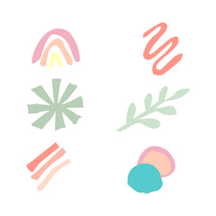 Collection of minimalistic abstract nature art forms. Bunch of pastel color doodles for design templates, summer or nature concept. Modern hand drawn plant leaves and tropical shape ornament set.