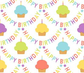 Seamless pattern with colorful Happy Birthday text and cute cupcakes. For wrapping paper, greeting cards, party supplies, scrapbooking, etc.