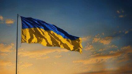 Ukrainian flag on the background of the sunset sky