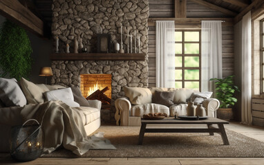 Rustic ivory living room with stone fireplace and wood beams, Generative AI	
