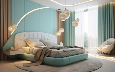 interior of a room Serene cyan and beige bedroom with textured accents and soft lighting , Generative AI	
