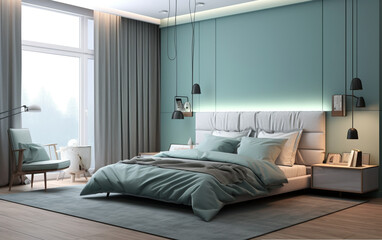 Sophisticated cyan and gray bedroom with sleek design elements , Generative AI	
