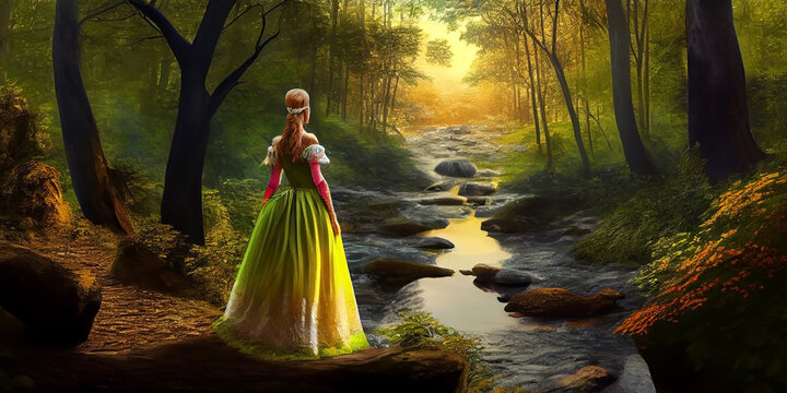 Fairytale princess stands on the bank of a forest stream, view from the back. Generative AI
