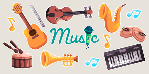 Music instrument collection set guitar drum saxophone keyboard trumpet hand cymbal violin and flute melody play music audio performance - obrazy, fototapety, plakaty