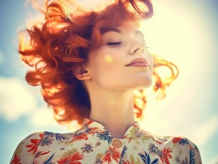 50s style portrait of a red haired woman with red lipstick with creative background, generative ai