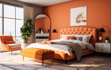 Orange and White Bedroom Interior, Generative AI	