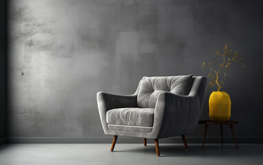 armchair in a room Gray armchair in contemporary living room on empty dark gray wall background, Generative AI	