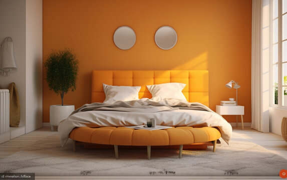 Sophisticated Orange and White Bedroom Interior, Generative AI	
