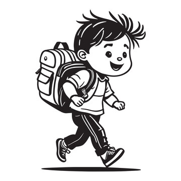 A Child Going to School Vector Clipart Illustration, Black and white silhouette child going to school.