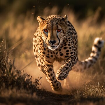 Wildlife Photography Of A Cheetah Sprinting Across The Grassland At High Speed, Radiating Energy