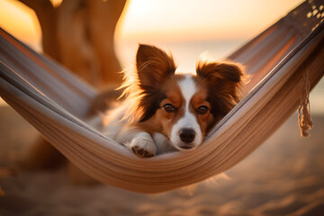 A Papillon dog relaxing in a beach hammock with generative AI Technology