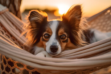 A Papillon dog relaxing in a beach hammock with generative AI Technology
