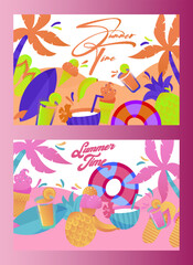 Summer time and sea elements,beach accessories on sand,summer holiday banner,vector illustration.
