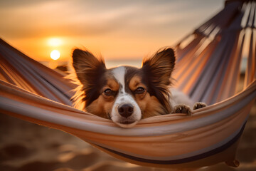 A Papillon dog relaxing in a beach hammock with generative AI Technology