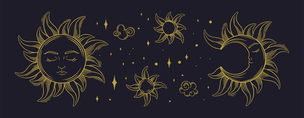 Aesthetic set with tarot, astrology and occultism symbols. Spiritual tarot elements of sun, crescent moon, stars and clouds. Vector illustration isolated in dark background