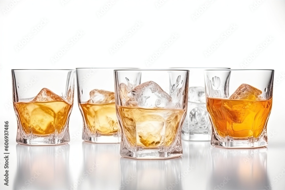 Poster four glasses filled with ice cubes on a table generative ai