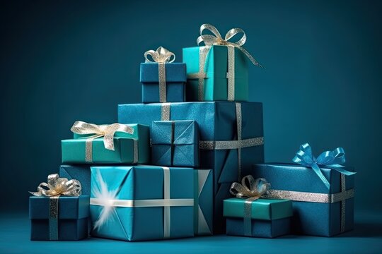 stack of wrapped presents with blue paper and gold bows Generative AI