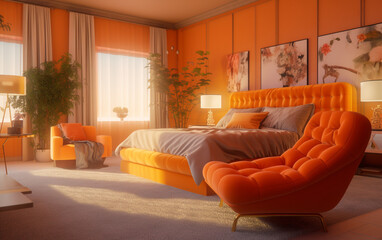 modern living room vibrant Orange Bedroom with Cozy Seating Area, Generative AI	