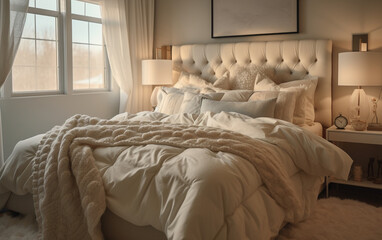 Warm and Inviting Ivory Bedroom with Plush Bedding and Cozy Textures , Generative AI	
