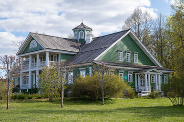 Ancient building in the estate of Petrovskoye on a sunny May day