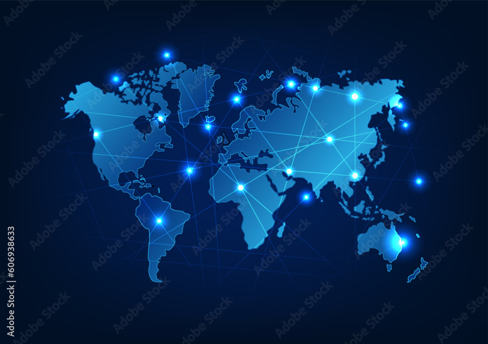 Poster world map technology background high-speed internet network connection that covers the whole world i