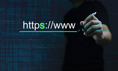 The programmer's hand underlines https://www choosing a domain type https is more secure, adding S to increase security. HTTPS is an encrypted communication protocol using Asymmetric Algorithm. - obrazy, fototapety, plakaty