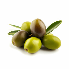 Green Olive With Leaf Isolated White. Generative AI
