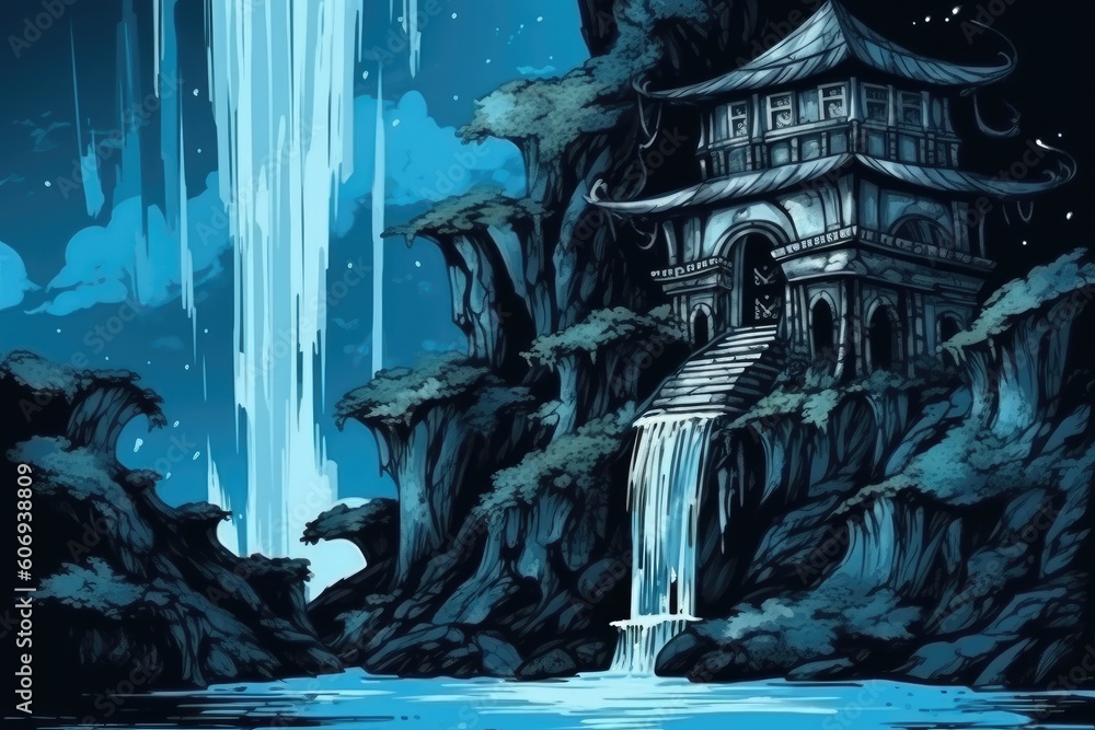 Poster majestic waterfall with a beautiful building in the background generative ai