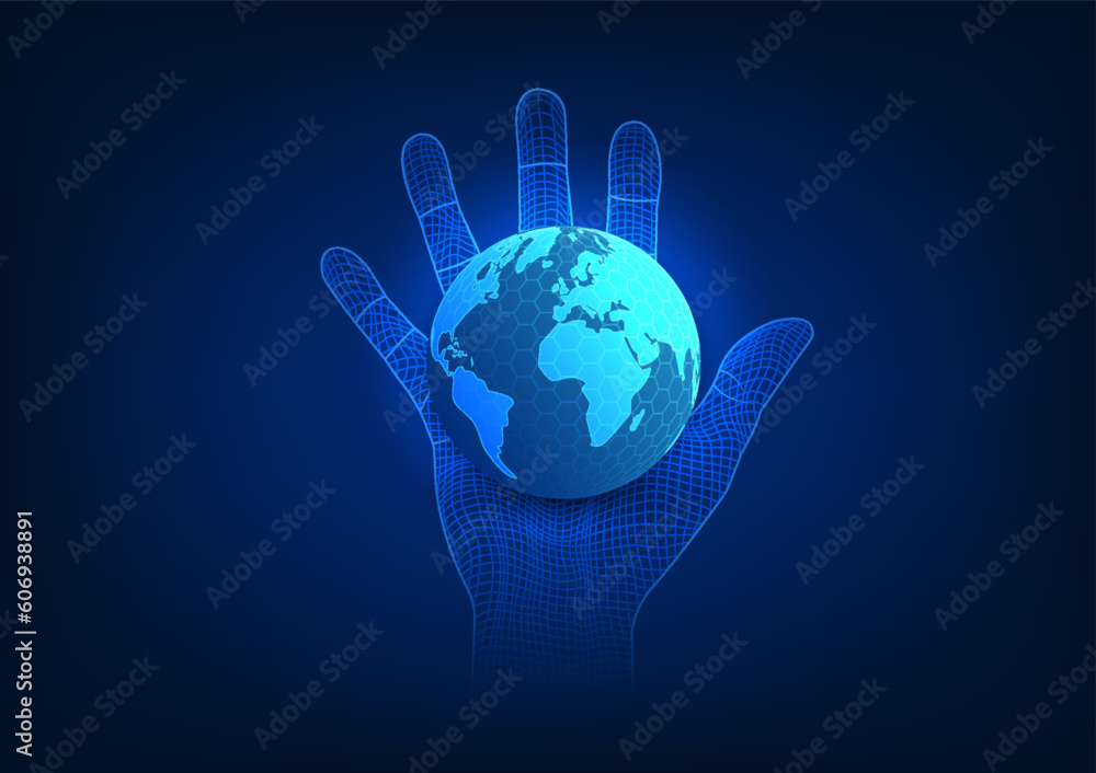 Poster earth technology background on hand it means that the world's technology is controlled by users to b