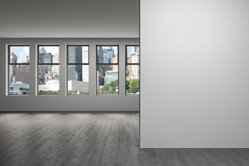 Midtown New York City Manhattan Skyline Buildings High Rise Window. Beautiful Expensive Real Estate. Empty room Interior Skyscrapers View Cityscape. Day time. East side. Mock up wall. 3d rendering.