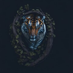portrait of a tiger looking through branches and leaves - Generative AI