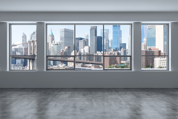 Fototapeta na wymiar Downtown New York City Lower Manhattan Skyline Buildings. High Floor Window. Expensive Real Estate. Empty room Interior Skyscrapers View Cityscape. Financial district. Brooklyn Bridge. 3d rendering.