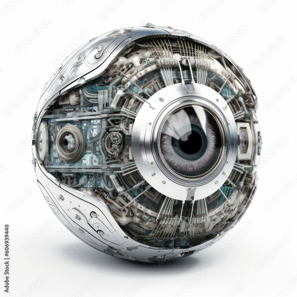 Poster robotic eye with metallic details and glowing circuitry, representing the intersection of technology