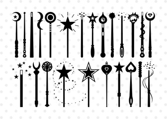 Magic Wand SVG, Wand Silhouette, Fairy Wand Svg, Wizards Wand Svg, Wand With Stars Svg, Magic Stick Svg, Wand Bundle